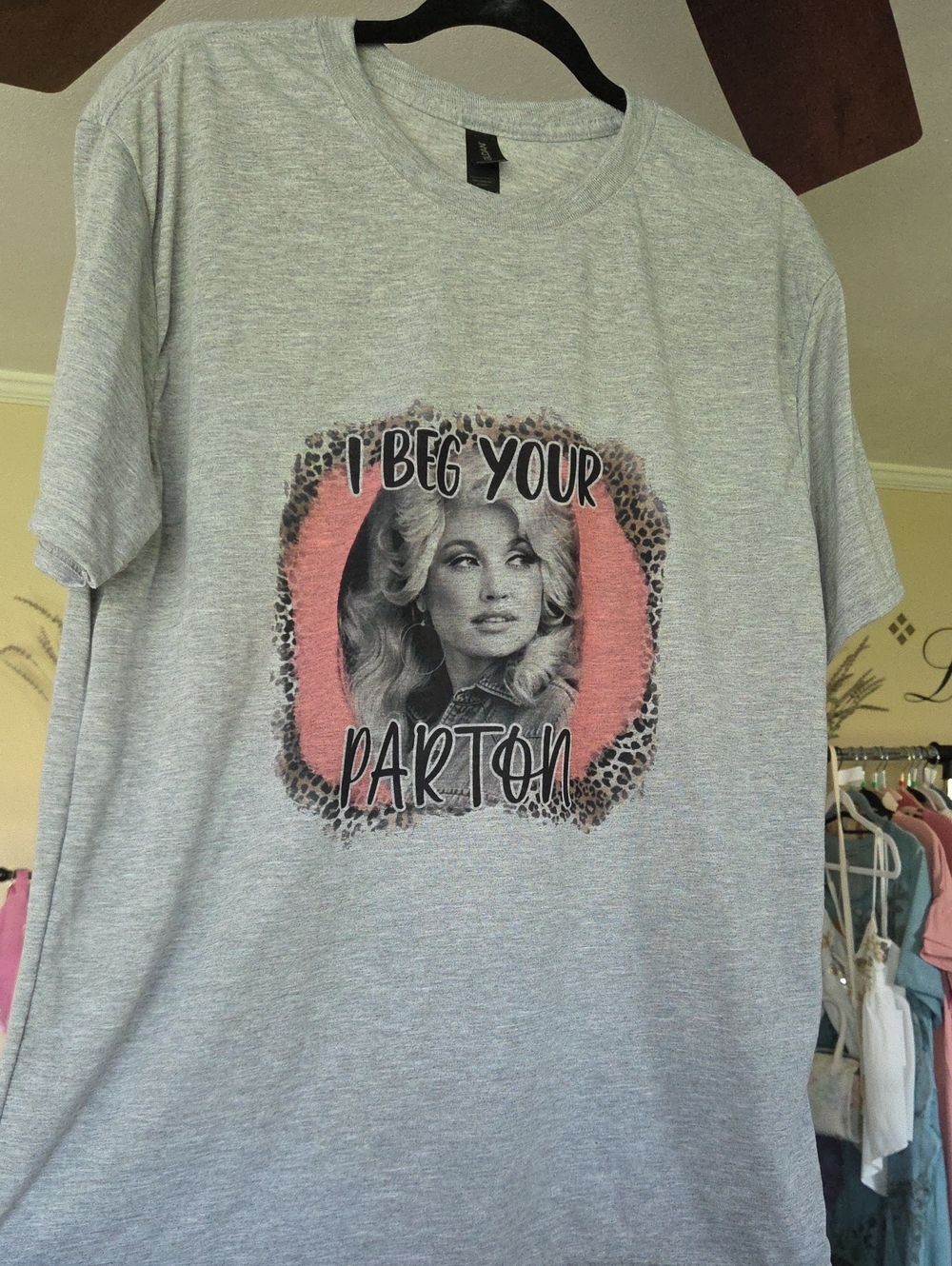Dolly Parton Gildan Heather Gray Graphic Tee with Pink & Leopard Frame